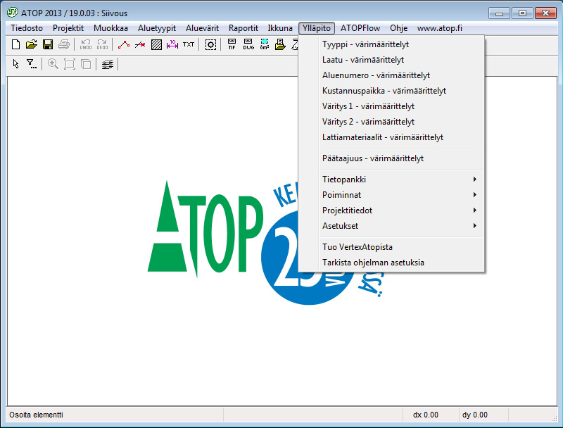 Yleistä ATOP päänäyttö ja tilarivi Ohjauskuvake Versionumero sinisessä yläpalkissa Ohjauskuvakkeesta saat näkyviin samat valinnat kuin muissakin Windows ohjelmissa.