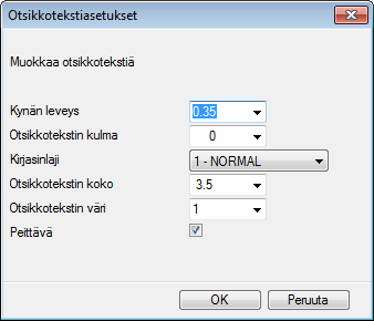 Kuvan viimeistely Alueen tekstien koon/värin muuttaminen Valitse Aluetyökaluista Tällä toiminnolla voit muuttaa kerralla koko piirustuksen alueiden otsikkotekstejä Otsikkotekstin kulma Otsikkotekstin