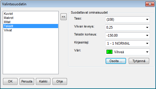 Vektorikuvien käsittelyn erikoistoiminnot Samantyyppisten elementtien poistaminen Valitse minkä tyyppisiä elementtejä haluat poistaa Ohjeessa on oletettu, että haluat poistaa tietyntyyppisiä tekstejä.