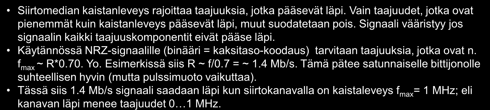 Median rajoitettu kaistanleveys Siirtomedian kaistanleveys rajoittaa taajuuksia, jotka pääsevät läpi. Vain taajuudet, jotka ovat pienemmät kuin kaistanleveys pääsevät läpi, muut suodatetaan pois.