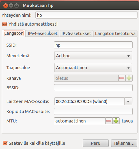 6 Koetta jatkettiin 4.3.2014 selvittämällä mahdollistavatko Windows Vista ja Linux Ad- Hoc-verkon tallentamisen ja automaattisen uudelleen yhdistämisen. Vista-koneena käytettiin pöytätyöasemaa.