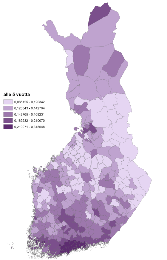 . Kuva 6.1.5. Alle 5-vuotiaiden autojen osuus sekä henkilöautolla ajettujen kilometrien määrä kunnittain.