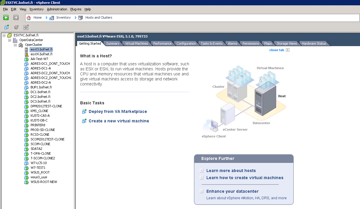 26 Kuva 2: VMware vsphere Client-näkymä, Operoinnin hiekkalaatikko Yleisesti tietojenkäsittelyssä hiekkalaatikko (Sandbox) on eristetty ympäristö, jossa voidaan testata asioita ilman että ne