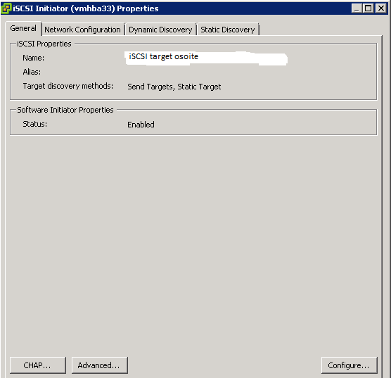 Olemme iscsi:n lisäasetuksissa.