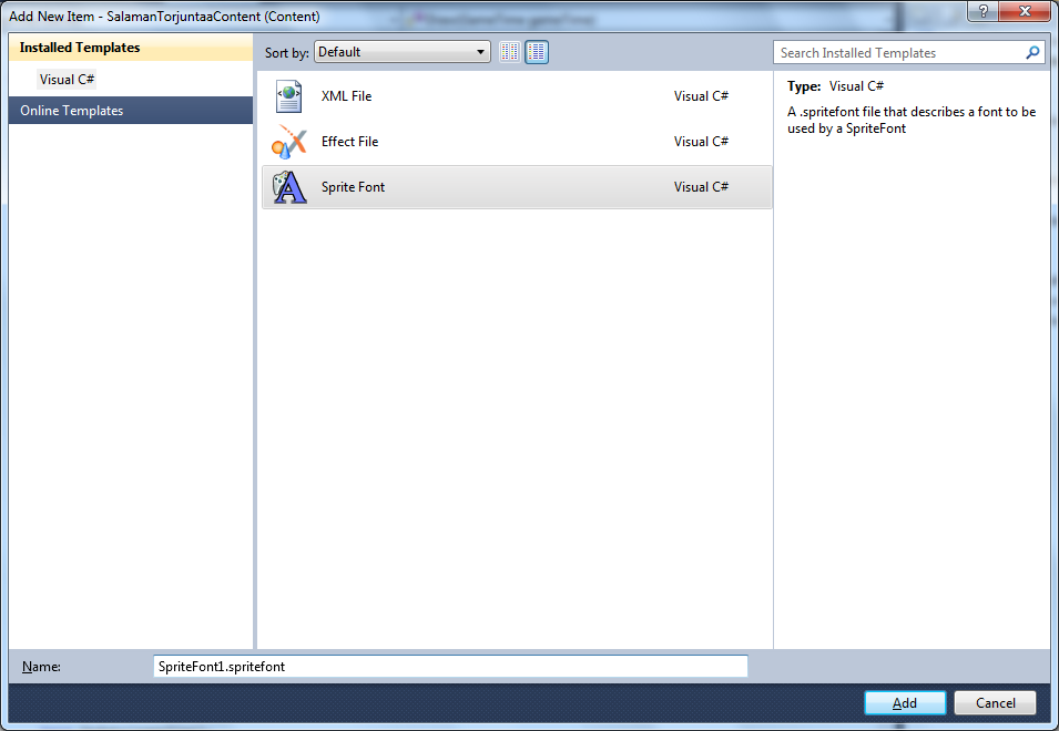 7: Fontin lisääminen XNA:ssa myös teksti kirjoitaan spritebach :einä, eli käytetään spritefontteja.