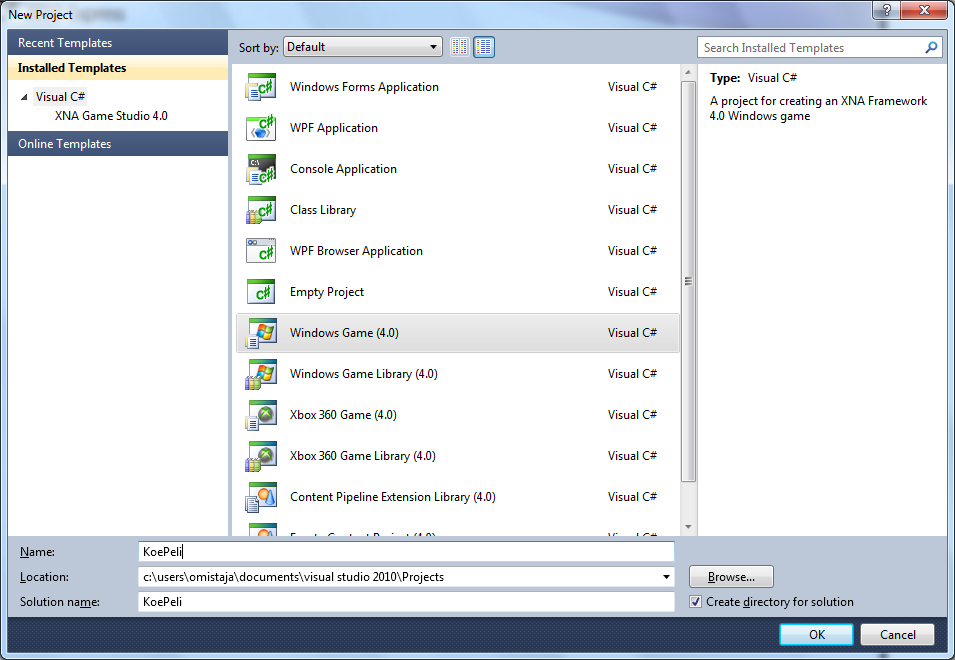 2.Ensimmäinen ohjelma Käynnistä Visual Studio. Klikkaa new project. Sinulle aukeaa tämä näkymä, josta valitse Windows Game (4.0) ja anna nimeksi vaikka KoePeli, ja klikkaa OK.
