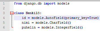 10 Koodiesimerkki 3 Esimerkki Djangon malli-luokasta Koodiesimerkin 3 CharField ja IntergerField kertovat Djangolle, minkä tyyppisiä sarakkeita käsitellään tietokannassa.