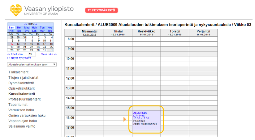 Kuva 7: Aluetalouden tutkimus kurssin valinta Kurssikalenterit valikosta Valitse Aluetalouden tutkimus kurssikalenterista keskiviikon kohdalta