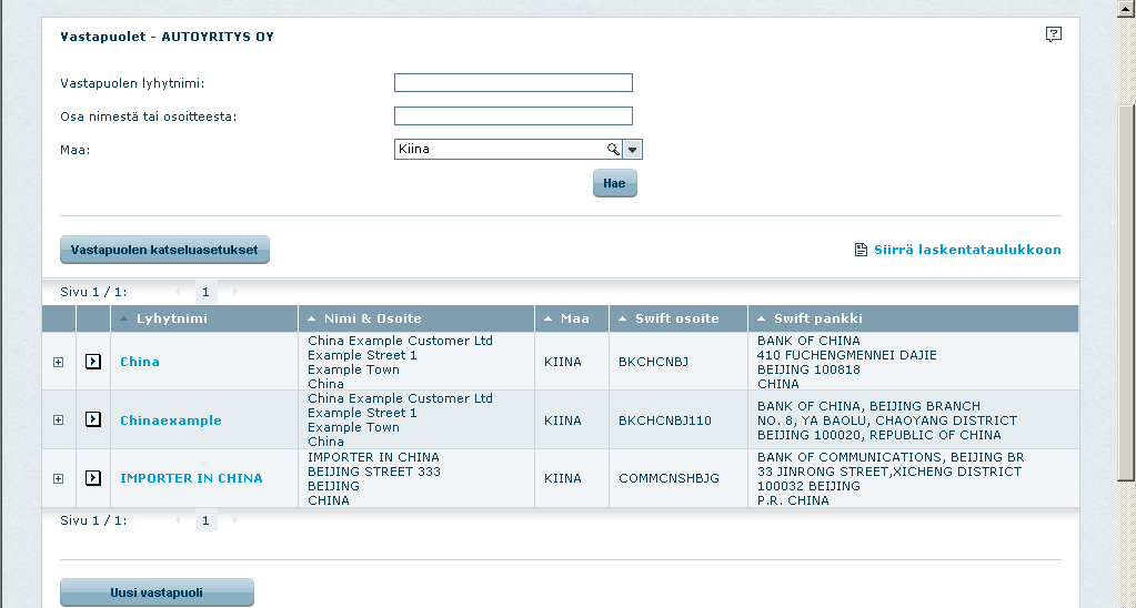 6. Vastapuolet Valitsemalla Trade Finance -päävalikolta Vastapuolet -näkymän saat listattuna kaikki jo tallennetut vastapuolet (esim. omat toimittajat/ ostajat/ asiakkaat).