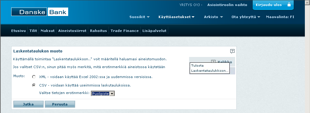 Laskentataulukon muoto Laskentataulukon muoto -näytöllä voit määrittää aineistomuodon, jotta tiedot siirtyvät Exceliin oikeamuotoisina sarakkeittain eroteltuina.