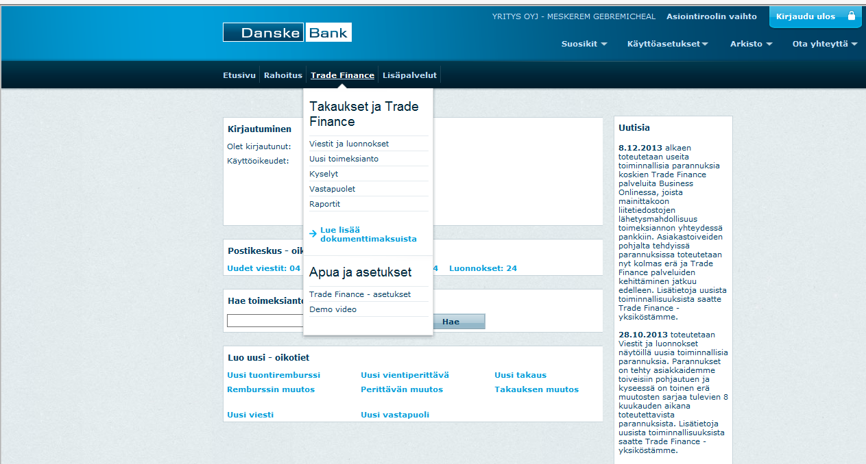 Tämä opas neuvoo yleiset asiat pankkitakaus- ja Trade Finance tuotteista Business Onlinessa (Trade Finance moduuli).