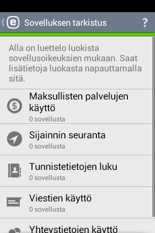 8. Turvatarkastus 8.2 Sovelluksen tarkistus Turvatarkastus auttaa valvomaan ja muuttamaan tärkeitä laiteasetuksia ja asennettujen sovellusten oikeuksia turvallisuusriskien välttämiseksi.