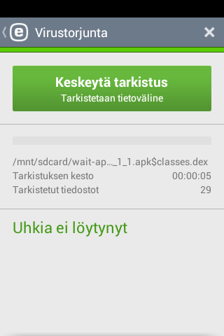 Tarkistustaso 4. Virustorjunta Virustorjunta-moduuli suojaa laitetta haitalliselta koodilta estämällä uhat ja sen jälkeen poistamalla ne tai siirtämällä ne karanteeniin.