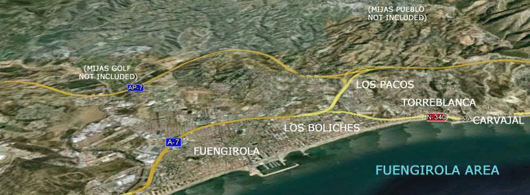Fuengirola sijaitsee noin 30 kilometrin päässä Malagasta ja se jaetaan seitsemään eri kaupunginosaan, joita ovat: Los Boliches, El Boquetillo, Carvajal, Fuengirola (keskusta), Los Pacos, San Cayetano