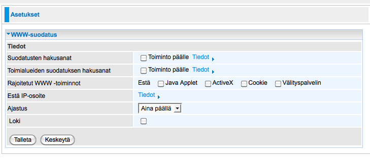 Estä ping-paketit Internetistä Laite ei vastaa ping-kyselyyn, jos toiminto on päällä WWW-suodatus URL-osoitteen (Uniform Resource Locator) (esim. muodossa http://www.abcde.com tai http://www.example.