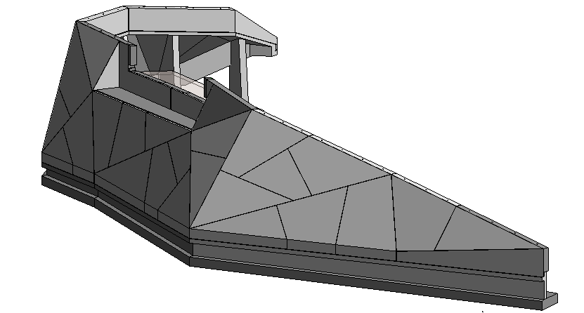 19 (67) Kuva 18. Arkkitehdin pintamallin avulla suunniteltu tukimuuri Revit Structure -ohjelmassa. Kuva 19. Tekla Structures -ohjelmaan mallinnettu tukimuurin rintamuuri, rivat ja peruslaatta.