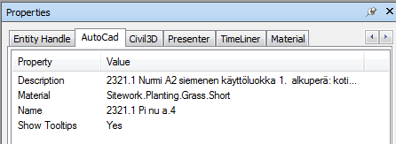 54 (67) Kuva 47. Yhdistelmämallissa olevan nurmiobjektin tiedot. Navisworks sisältää paljon työkaluja mallin hyödyntämiseen.