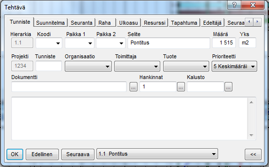 22 Kun projekti on luotu, avautuu ikkuna johon syötetään projektin tunnistetiedot kuten koodi ja nimi. Projektin perustiedot ja asetukset määritellään Projektitiedot -ikkunassa.