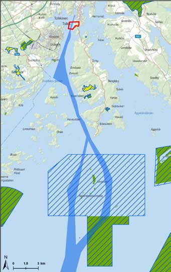 Sköldvikin väylä kulkee alueen halki. Alue on Söderskärin ja Långörenin saaristo (FI0100077, SPA/SCI).