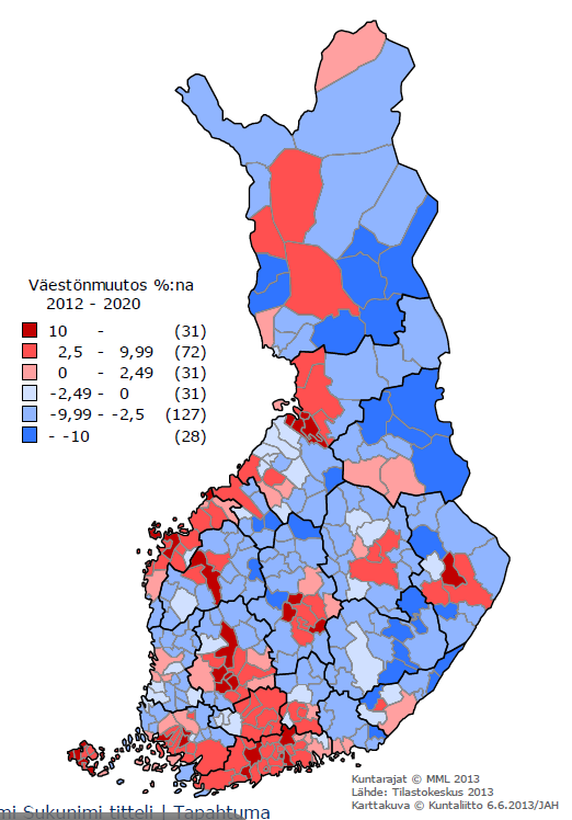 Demographic Transition (%) in Finland 2012-2020 The more red the