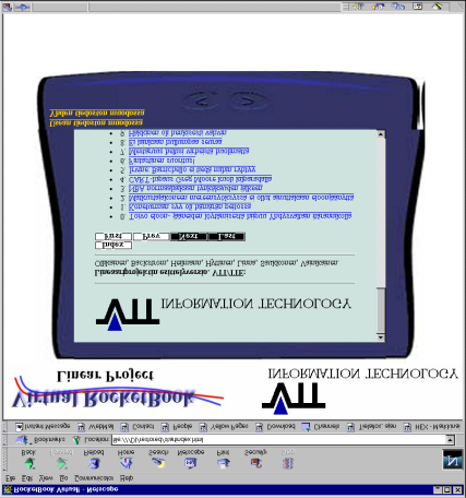 Esitystä voidaan selata paitsi RocketBookista, myös tavallisesta HTML-selaimesta. Tarvittaessa saadaan esityksen ympärille RocketBook-kehys (kuva 26). Kuva 26. Esityksen lukeminen HTML-selaimelta.