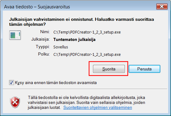 s. 4/5 Asennusohjelman suorittaminen Lataamisen jälkeen asennusohjelma käynnistyy tai se käynnistetään, kuten edellä on kuvattu. Ohjelmasta riippuen Windows pyytää tietoturvasyistä luvan jatkaa.