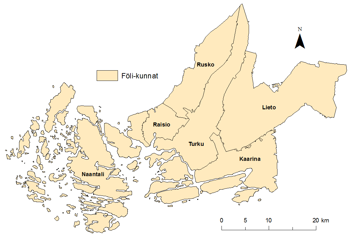 Kuva 1. Föli-joukkoliikennealueeseen kuuluvat kunnat (Lähde: Tilastokeskus 2015, muokattu). Tutkimusalueella sijaitsee yksi suuri keskus, Turku.