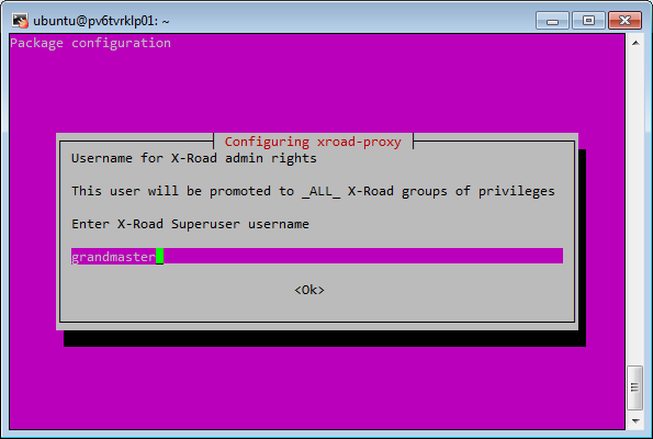 Asenna X-road- ohjelmistot sudo apt-get update sudo apt-get install xroad-proxy Asennus jatkuu