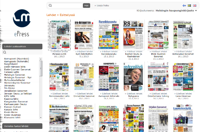 6 epress kotimainen digitaalinen sanomalehtipalvelu epress sisältää tällä hetkellä noin 75 eri puolilla Suomea ilmestyvää lehteä, valtakunnallisista lehdistä pakallislehtiin, esimerkkeinä: Helsingin