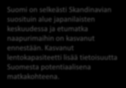 Kasvanut lentokapasiteetti lisää tietoisuutta Suomesta potentiaalisena matkakohteena.