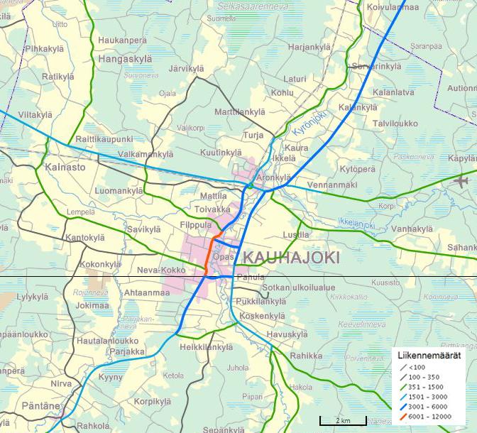 Kauhajoen keskustaajaman osayleiskaava 2035, kaavaehdotuksen selostus 20.5.2015 26 Liikenne Kauhajoen kaupungin lävitse kulkee kaksi seudullista päätietä.