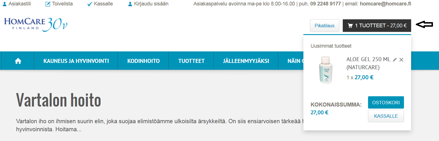 Kun menet hiirellä ostoskori-ruudun päälle, aukeaa kuvan mukainen ikkuna, jossa ylimpänä on