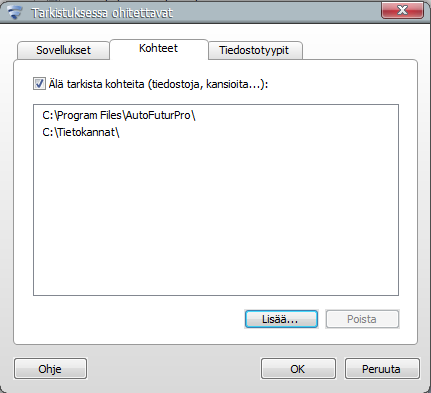 - Avaa välilehti "kohteet", ruksaa "älä tarkista kohteita - Paina Lisää painiketta, ja lisää listaan AutoFuturin / KoneFuturin asennushakemisto, sekä jos kyseessä on palvelinkone niin