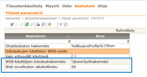 Toukokuu 2014 17 (17) 9 Yleiset parametrit WEB-käyttäjien tulostushakemisto Tarkista, että asennuksessa on asetettu Web tulostusten työhakemisto web pallvelimen tunnistamana polkuna, johon