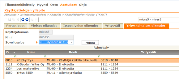 Toukokuu 2014 9 (17) Itsepalvelun oikeudet välilehdellä määritellään käyttäjän rooli Web myyntilaskutukseen.