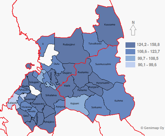 24 keskimäärin, mutta kainuulaisten osalta kaikki terveyttä kuvaavat arvot ovat kielteisempiä.