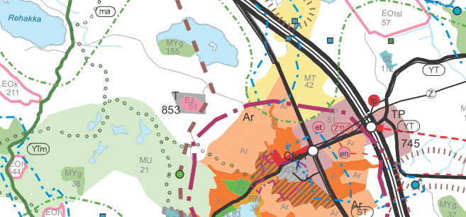 Kuva 11. Rehakka. Yhdistelmä maakuntakaava 2006 ja 1. vaihemaakuntakaava (2012), ote (Hämeen liitto).