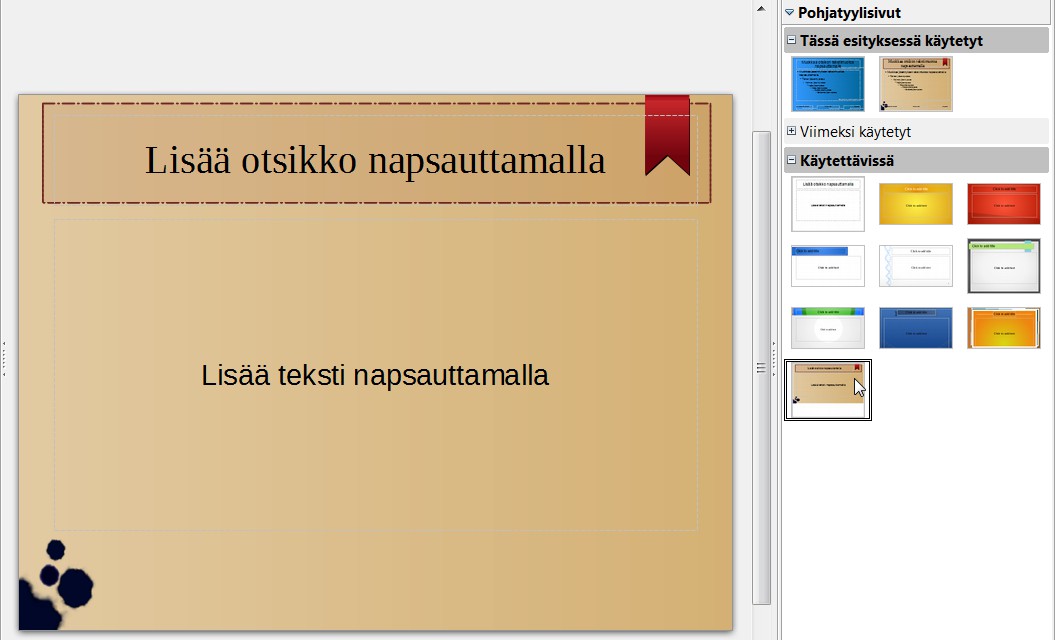 16 3. OK:n jälkeen ohjelma kysyy vielä käytetäänkö asetuksia kaikissa dioissa (yleensä käytetään) Tallenna esityksesi jo tässä vaiheessa ja anna tallennuskomento