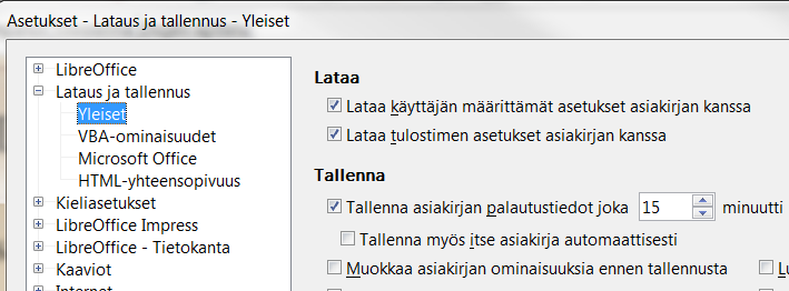 Tarkista myös, että varmuuskopiointi on päällä: Työkalut Asetukset Lataus ja tallennus Yleiset Dian pohjatyyli Ohjelman mukana tulee joukko pohjatyylisivuja, jotka