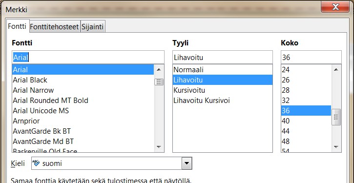 on kolme välilehteä, joista löytyy lisää tekstin muotoiluun liittyviä määrityksiä.