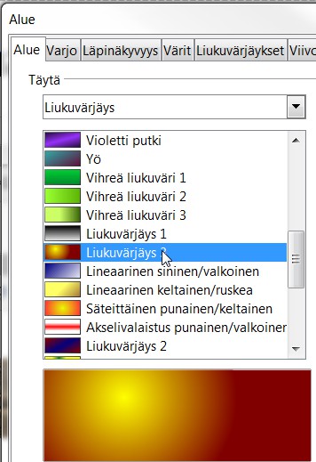 ja valitse: Alue Säätöikkunassa on oletuksena aktiivinen Alue-välilehti, josta löytyvät samat valinnat kuin Viivat ja täyttö -työkaluriviltä.