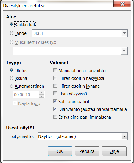 69 Esityksen luonti Esityksen luontiin Impress tarjoaa monia vaihtoehtoja: dian vaihtuminen esityksen eteneminen automaattisesti/manuaalisesti dian objektien animaatiot jne. 1.