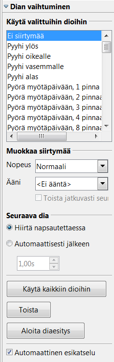 70 Esityksen tehosteet Impress:issä voidaan diaesitystä tehostaa helposti erilaisilla animaatioilla. Dian vaihtuminen Dian vaihtumiseen löytyy monenlaista tehostetta äänestä lähtien.