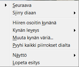 75 Esittäminen Esityksen voit aloittaa monella tavalla: Anna komento: Diaesitys - Aloita ensimmäisestä diasta tai paina funktionäppäintä F5 Anna komento: Diaesitys - Aloita nykyisestä diasta tai