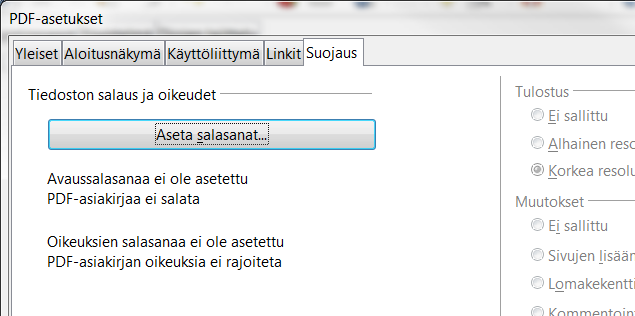 79 Käyttöliittymä -välilehdellä määritetään myös, minkälainen on näkymä, kun vastaanottaja avaa asiakirjan. Linkit -välilehdellä määritetään, miten dokumentin linkit tallennetaan pdf:n mukana.