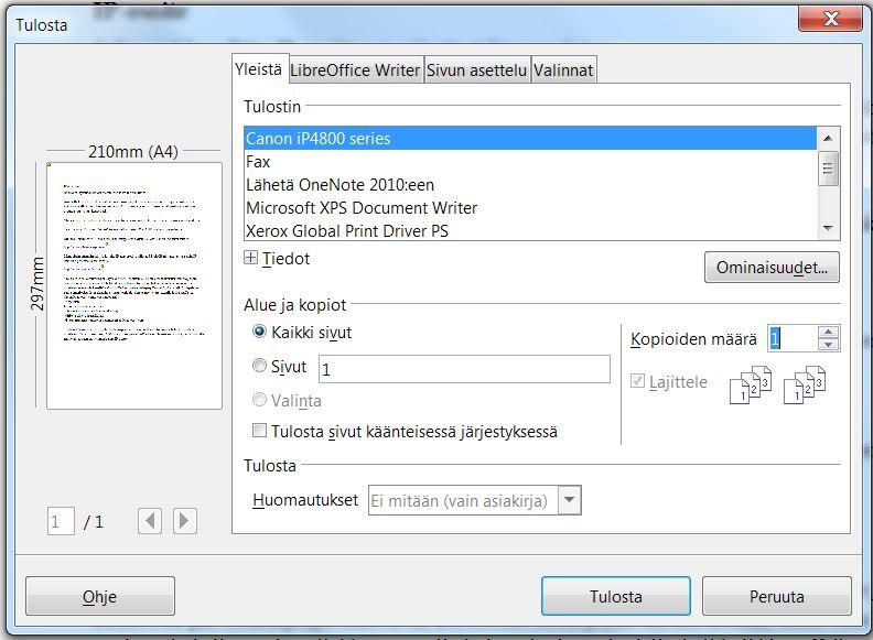 LibreOffice 44 (54) TULOSTAMINEN Tulostuksen valmistelu Esikatselu Tulostusasettelunäkymässä asiakirja on jo jokseenkin lopullisessa asussaan.