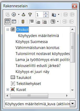 Sen saa esiin napsauttamalla Oletus-työkalurivin painiketta Rakenneselain. Haluttuun otsikkoon siirrytään kaksoisnapsauttamalla sitä rakenneselaimessa.