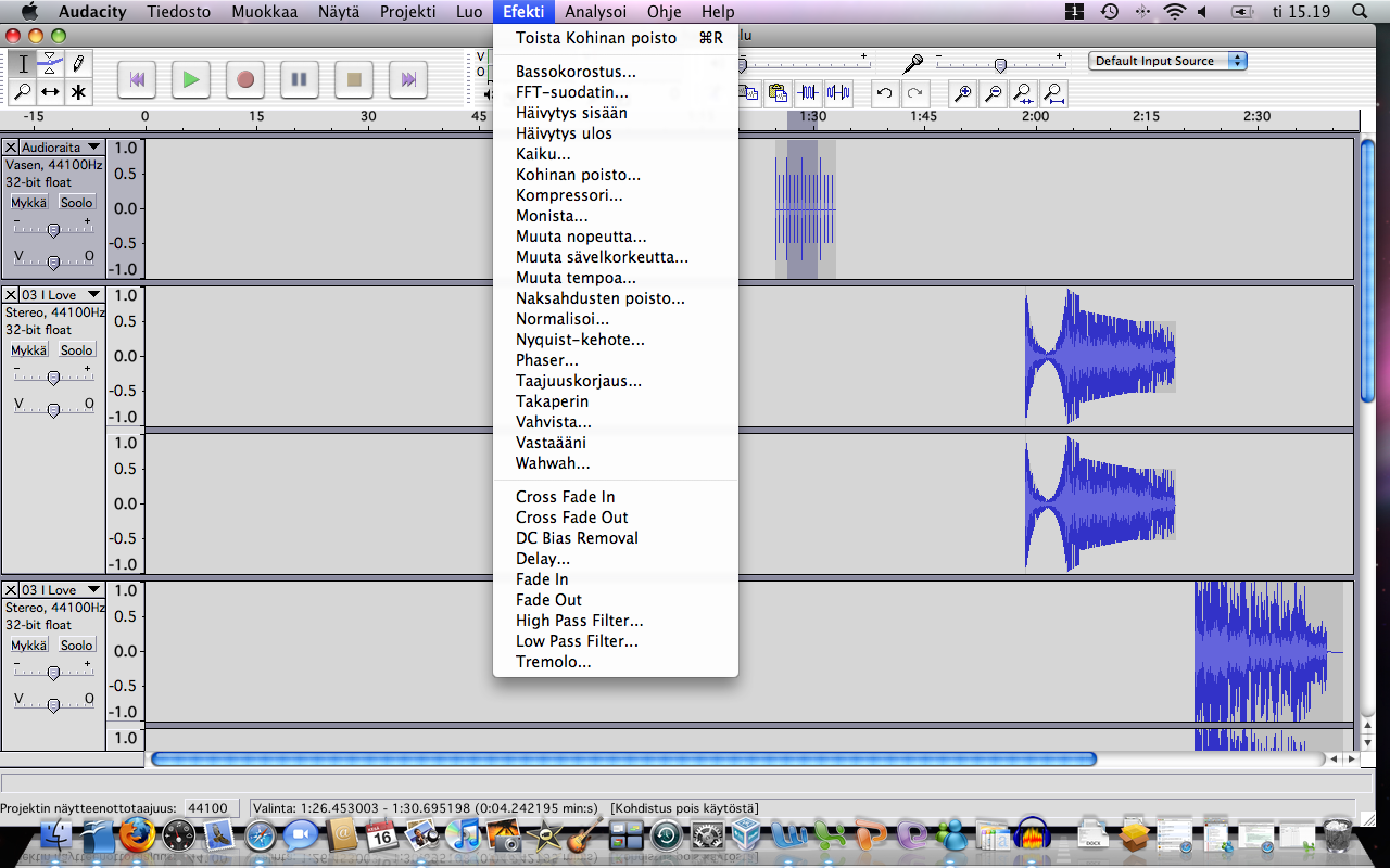 EFEKTIT/TEHOSTEET -AUDACITYSSÄ ON PITKÄ LISTA ERILAISIA Jos haluat luoda efektin, sinun pitää ensin valita alue, jonka kohdalle haluat sen luoda ja sitten painaa ylhäältä "Efekti" ja valita haluamasi
