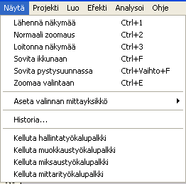 Tallenna valinnat Palauta valinta Siirrä kursori... Valinnan kohdistus... Asetukset Tallentaa nykyisen valinnan ja sijainnin. Palauttaa valinnan projektiin.