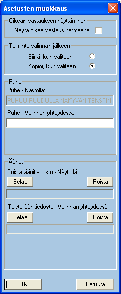 Oheinen ikkuna ilmestyy näytön oikeaan reunaan. Huomaat, että ikkunassa on kohta Puhe näytettäessä 1. kerran. Puhe toistaa tekstin, joka näytöllä näytetään, esim. lause Etsi toinen koppakuoriainen.